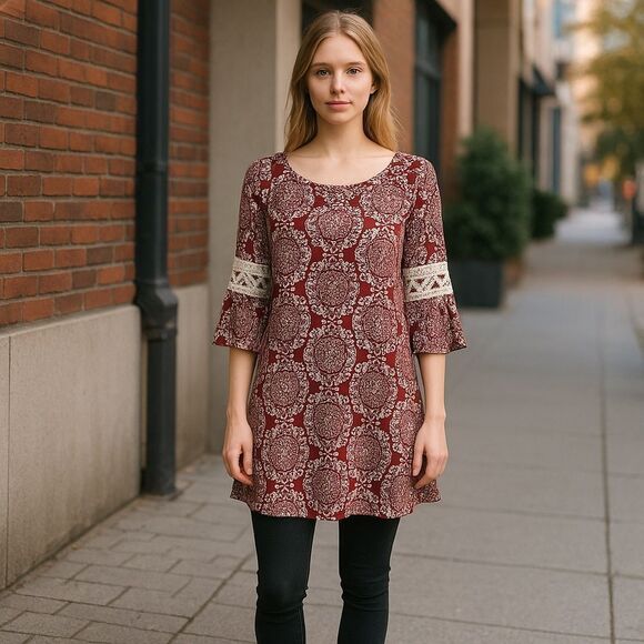 Luxology Red Cream Floral Mosaic 60’s Vibe Groovy Hippie Shift Dress Size 8 - Picture 16 of 16